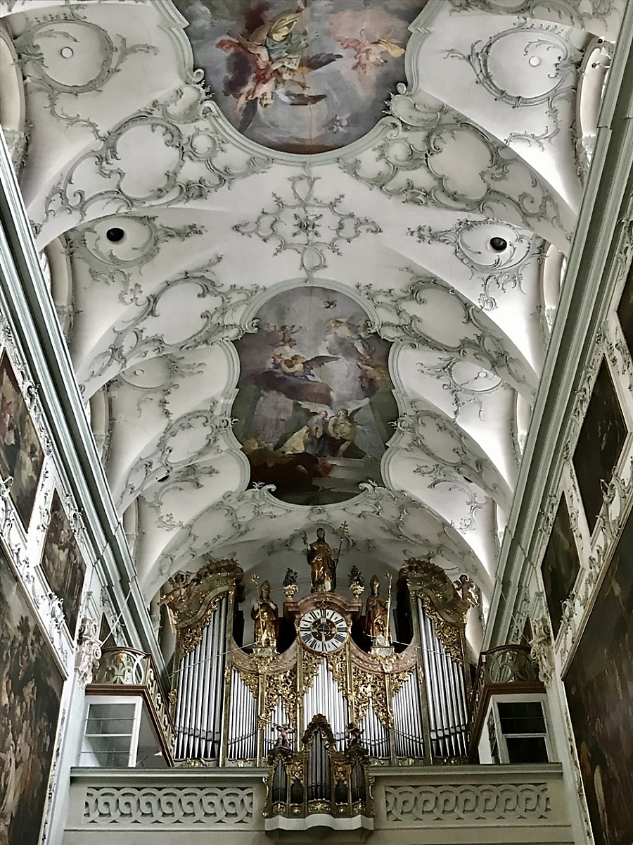 Looking up to the ceiling of the church at St. Peter's Abbey