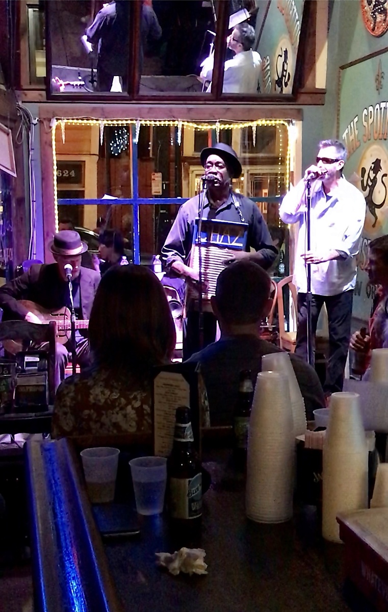 Washboard Chaz and his bandmates playing at The Spotted Cat on Frenchman Street in New Orleans