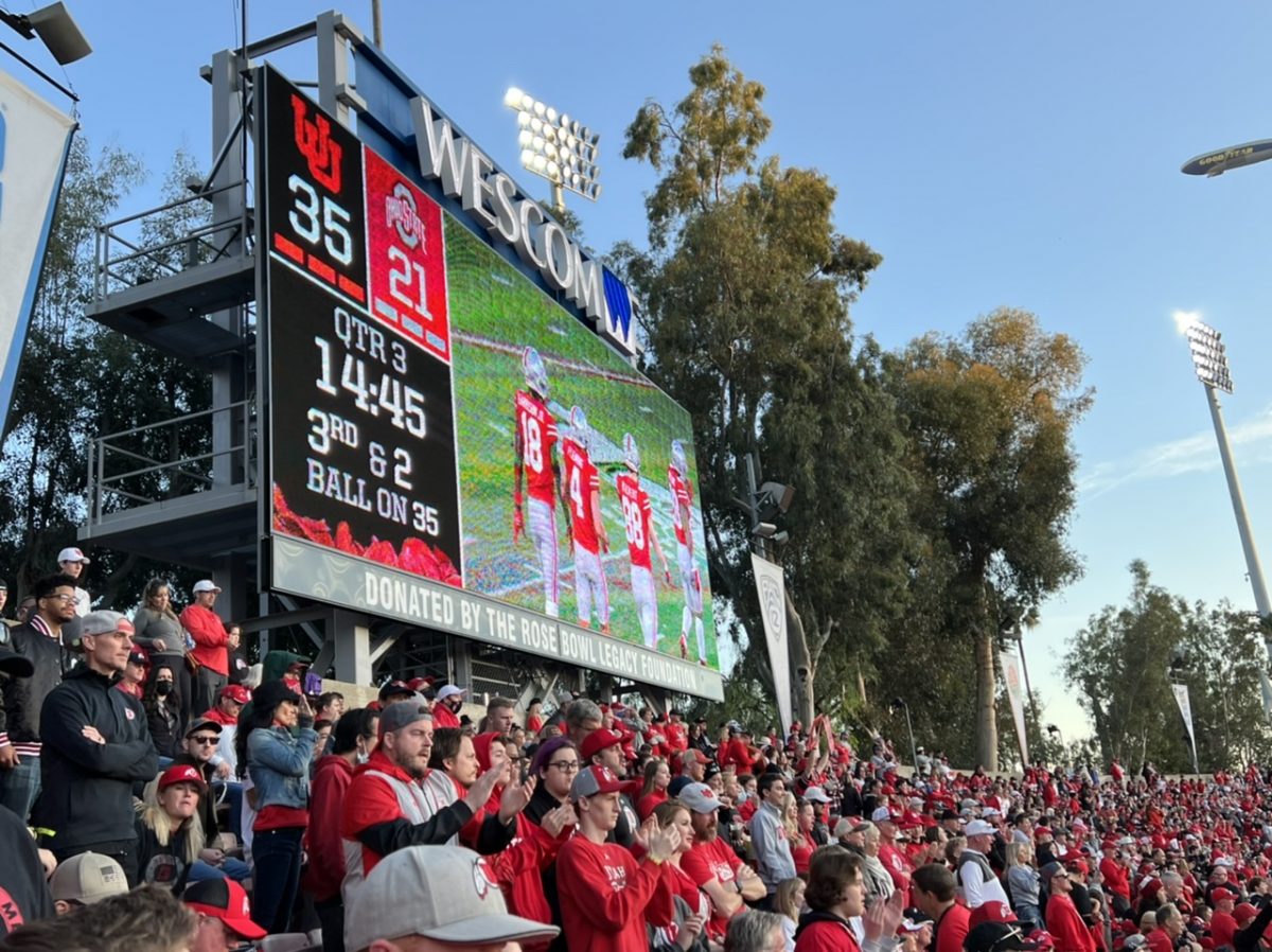 Halftime scoreboard at the 2022 Rose Bowl