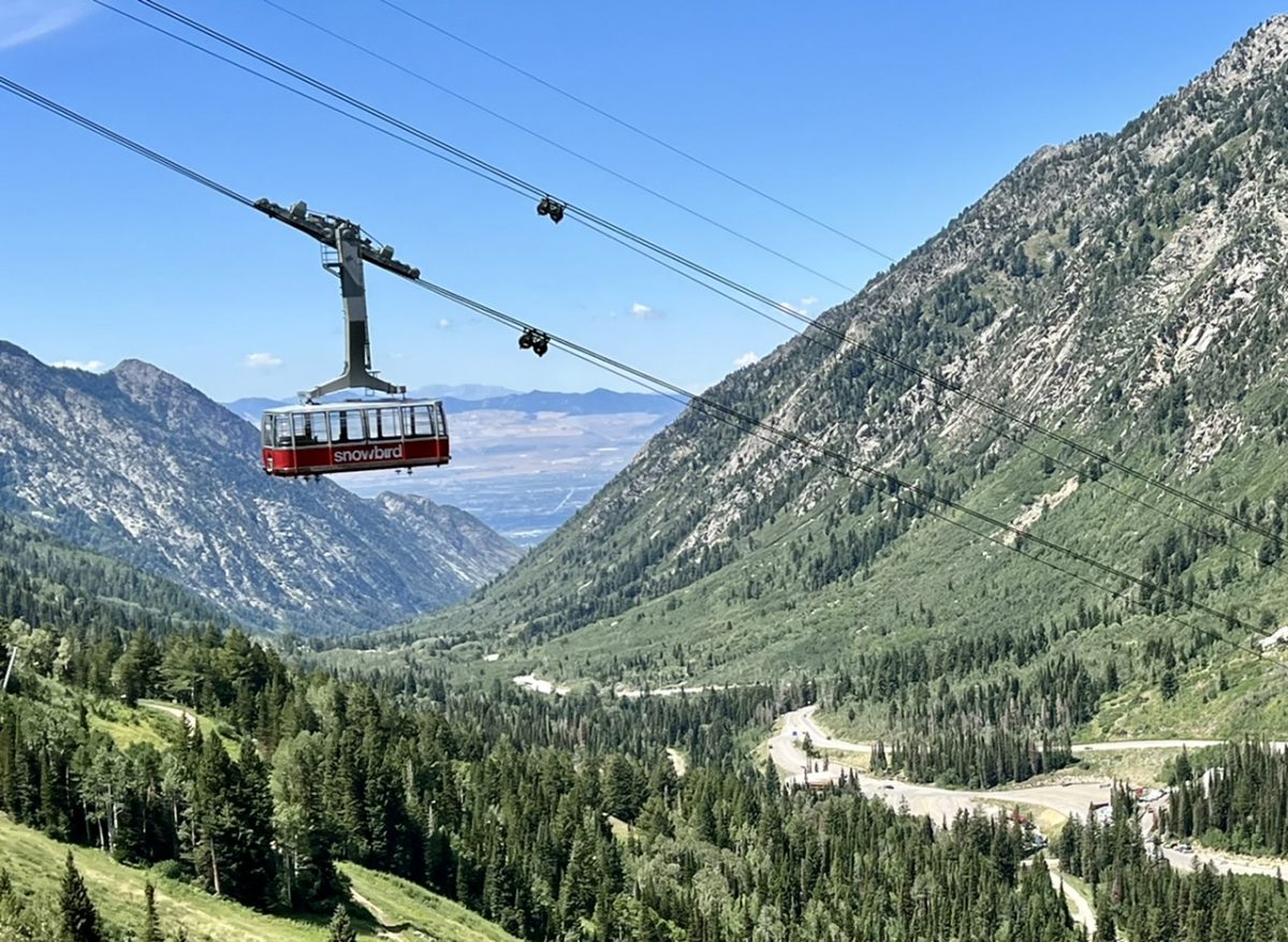 The Snowbird Aerial Tram descending through Little Cottonwood Canyon in Utah