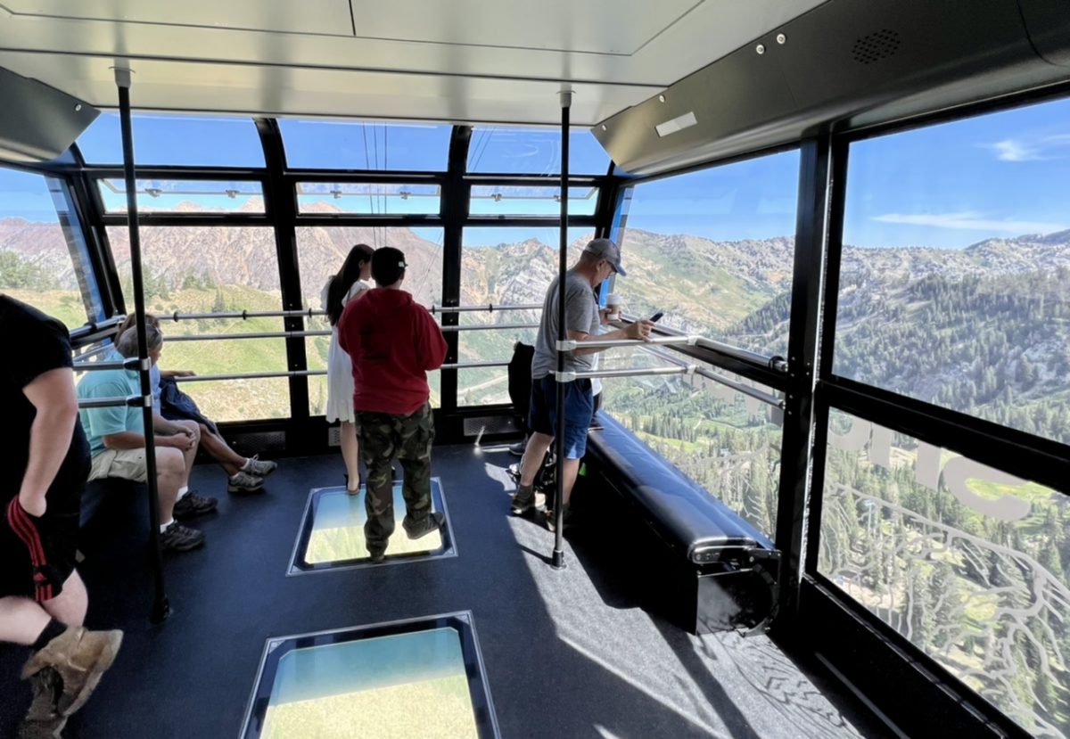 360 views from the floor to ceiling windows in the Snowbird aerial tram