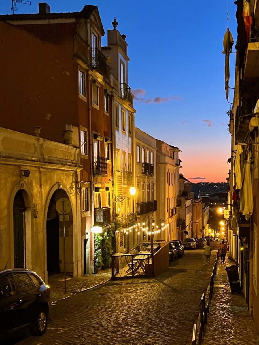 Looking down one of Principe Real's side streets at sunset in Lisbon