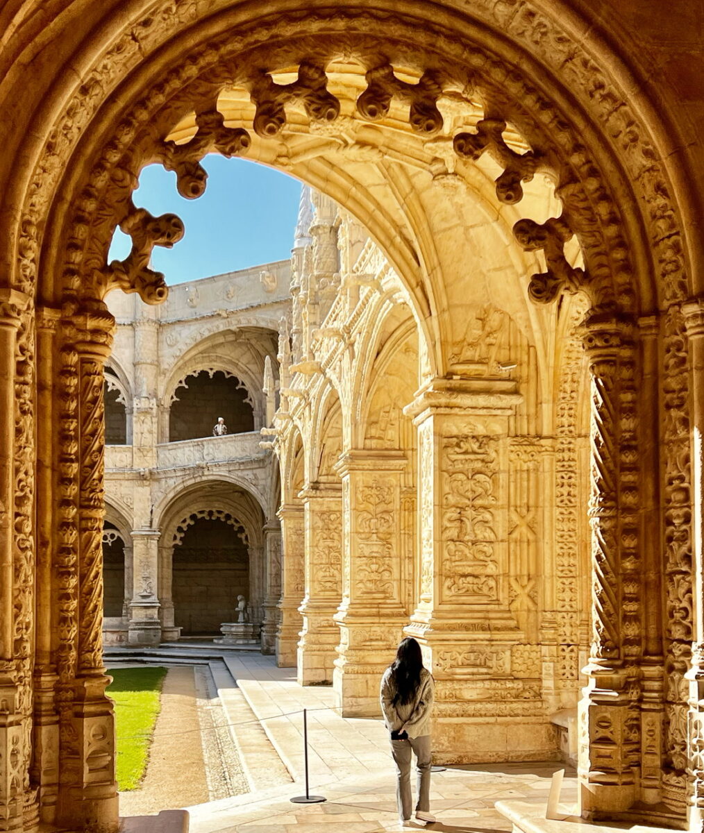 Sunlight highlights the Manueline architecture of the Jeronimos Monastery in Belem