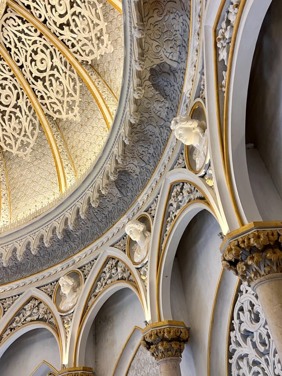 Looking up at one of the domed ceilings in Monserrate Palace in Sintra Portugal