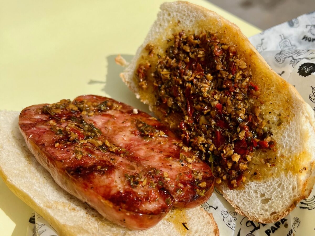 A classic choripan with only chorizo and chimichurri from Chori in Buenos Aries