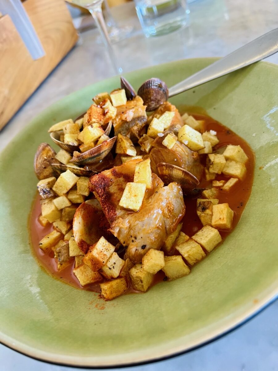 Porco à Alentejana is a classic Portuguese dish made with pork, clams, and potatoes.  This version is from Hifen in Cascais Portugal
