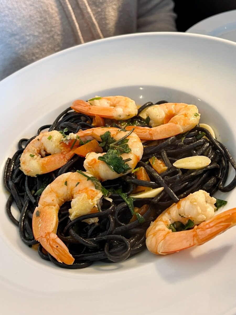 Black Ink Pasta with Shrimp at El-Rei Dom Frango in Lisbon