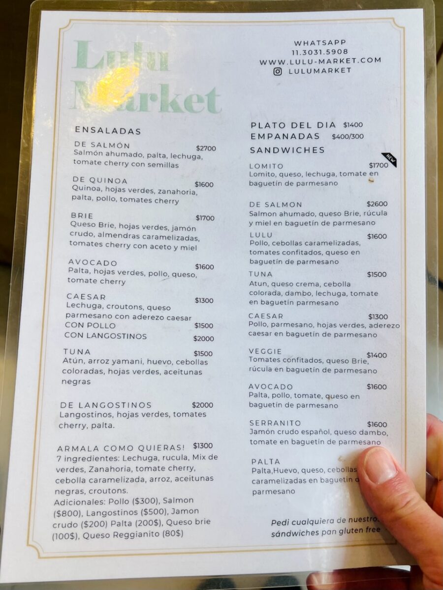 The Lulu Market menu in Buenos Aires