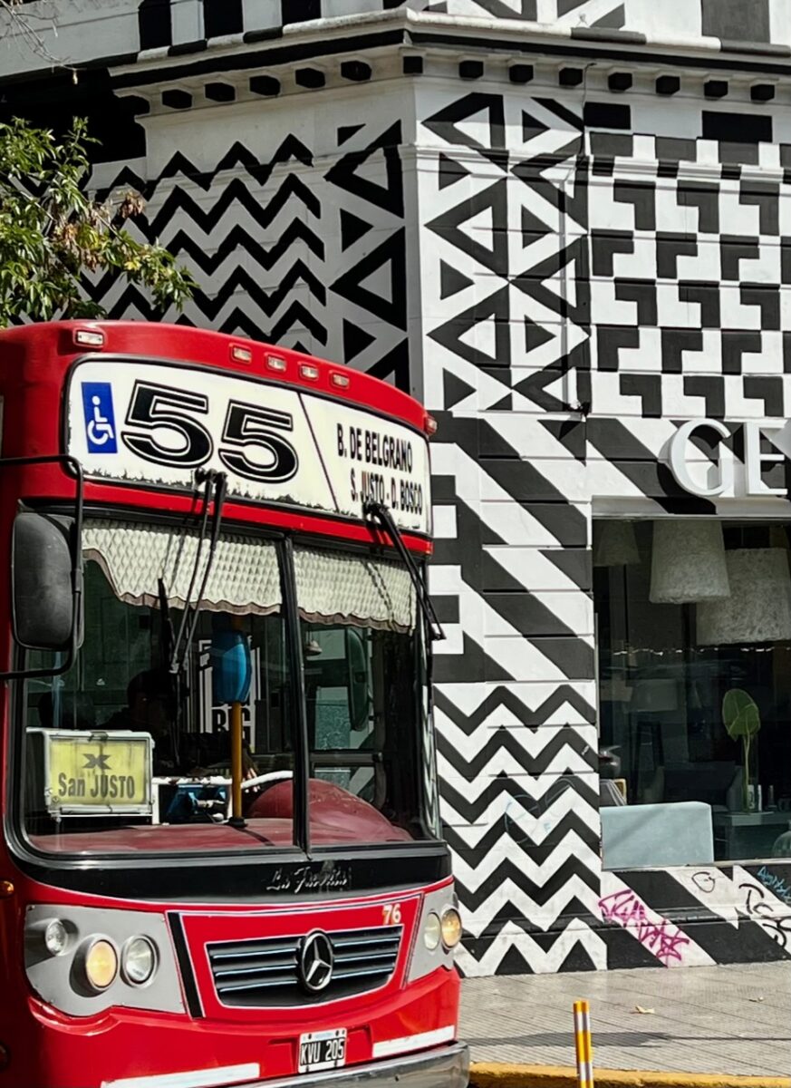 A red public bus in Buenos Aires