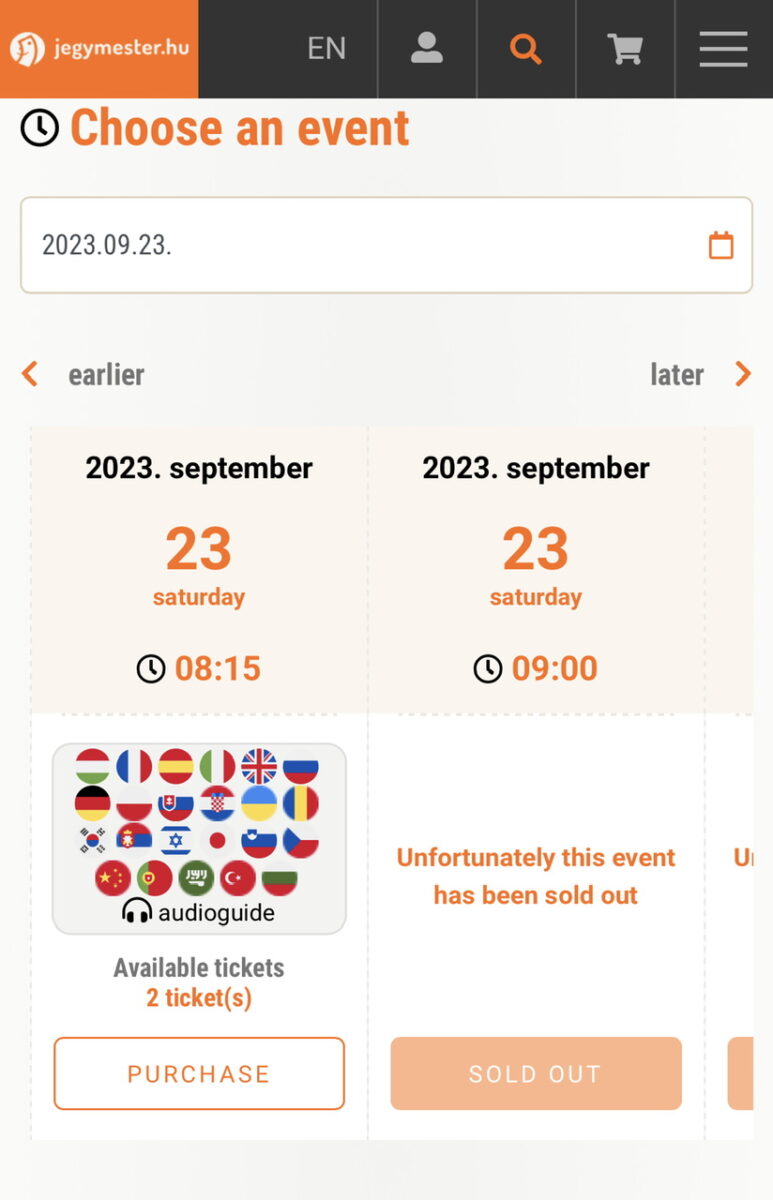 Screenshot of ticket site for touring the Hungarian Parliament in Budapest