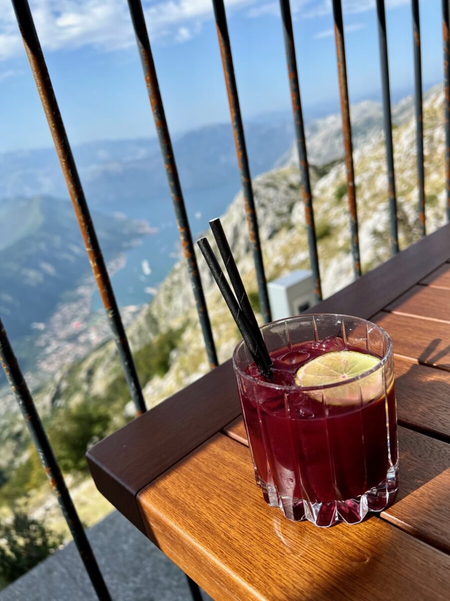 The Forza Kuk cocktail and a view down to the Bay of Kotor