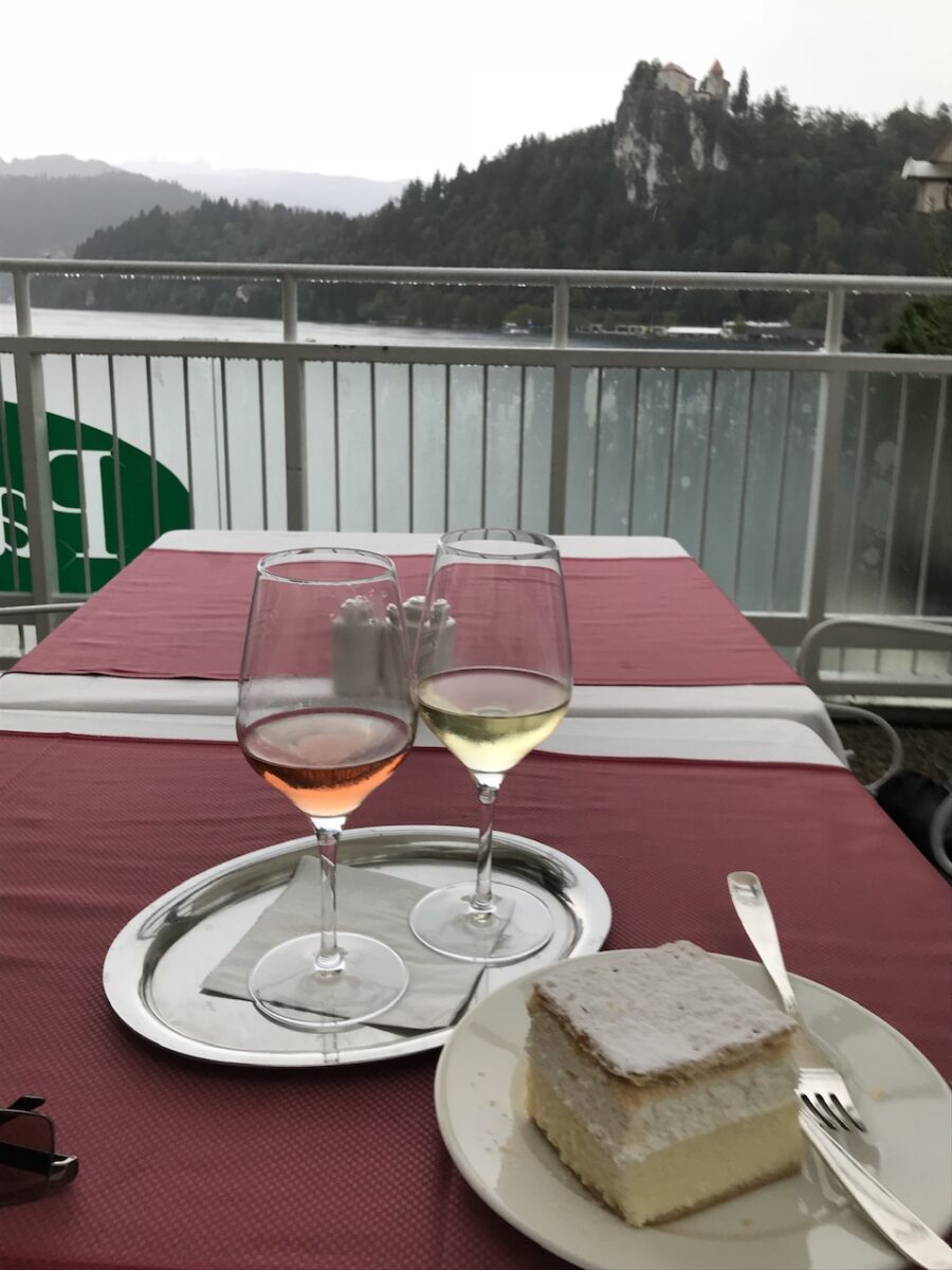 Bled Cream Cake on a rainy day at Lake Bled Slovenia