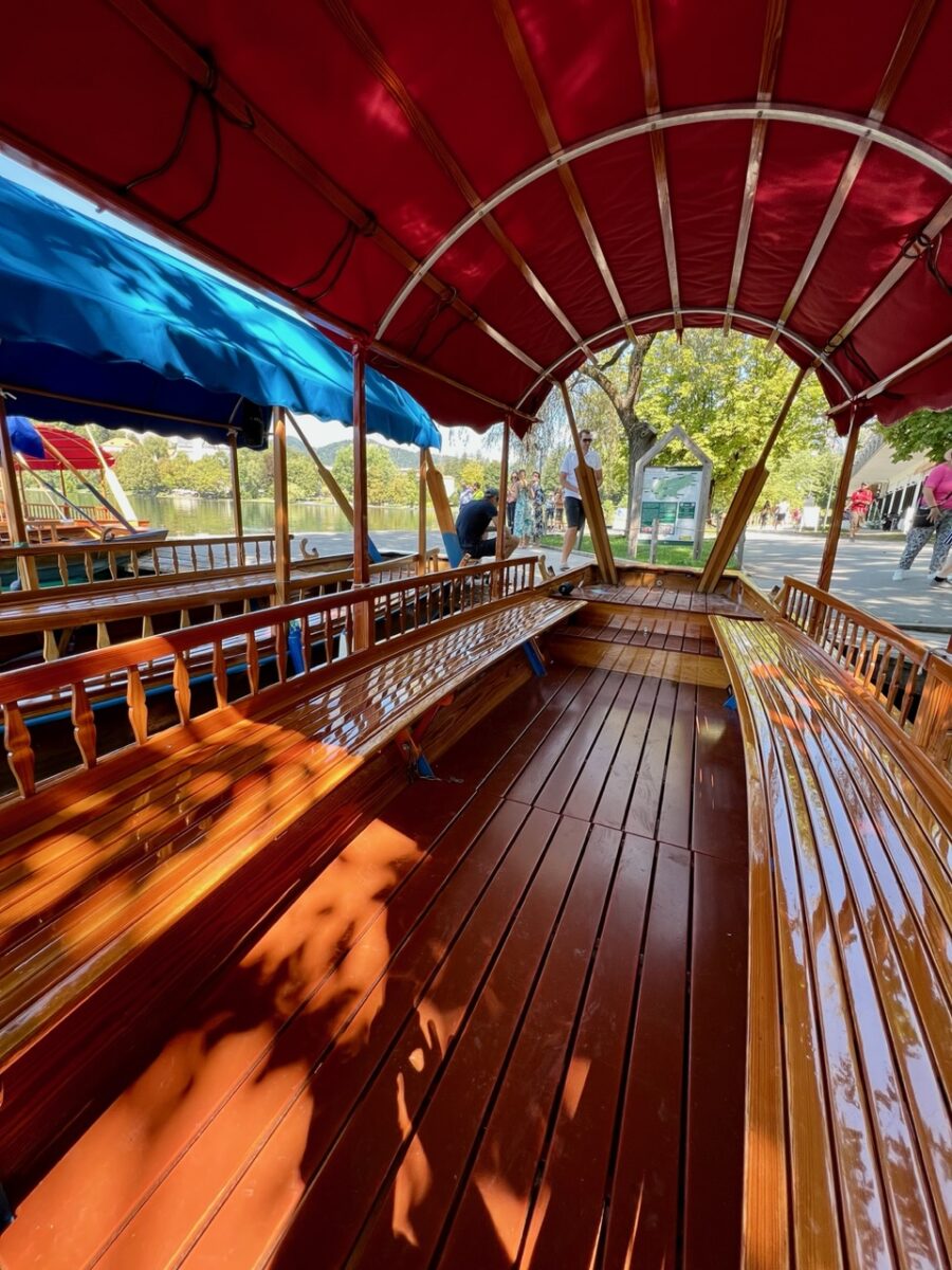 Inside one of the pletna boats at Lake Bled Slovenia