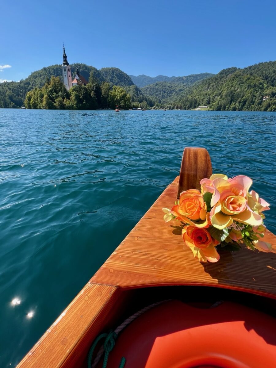 Approaching Bled Island from the front of a pletna boat