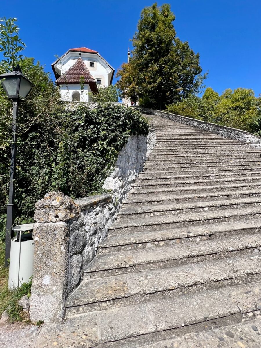 99 stone steps lead up to the top of  Bled Island