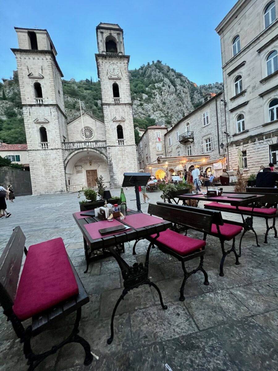 Dining in the square in front of St Tryphon Cathedral in Kotor