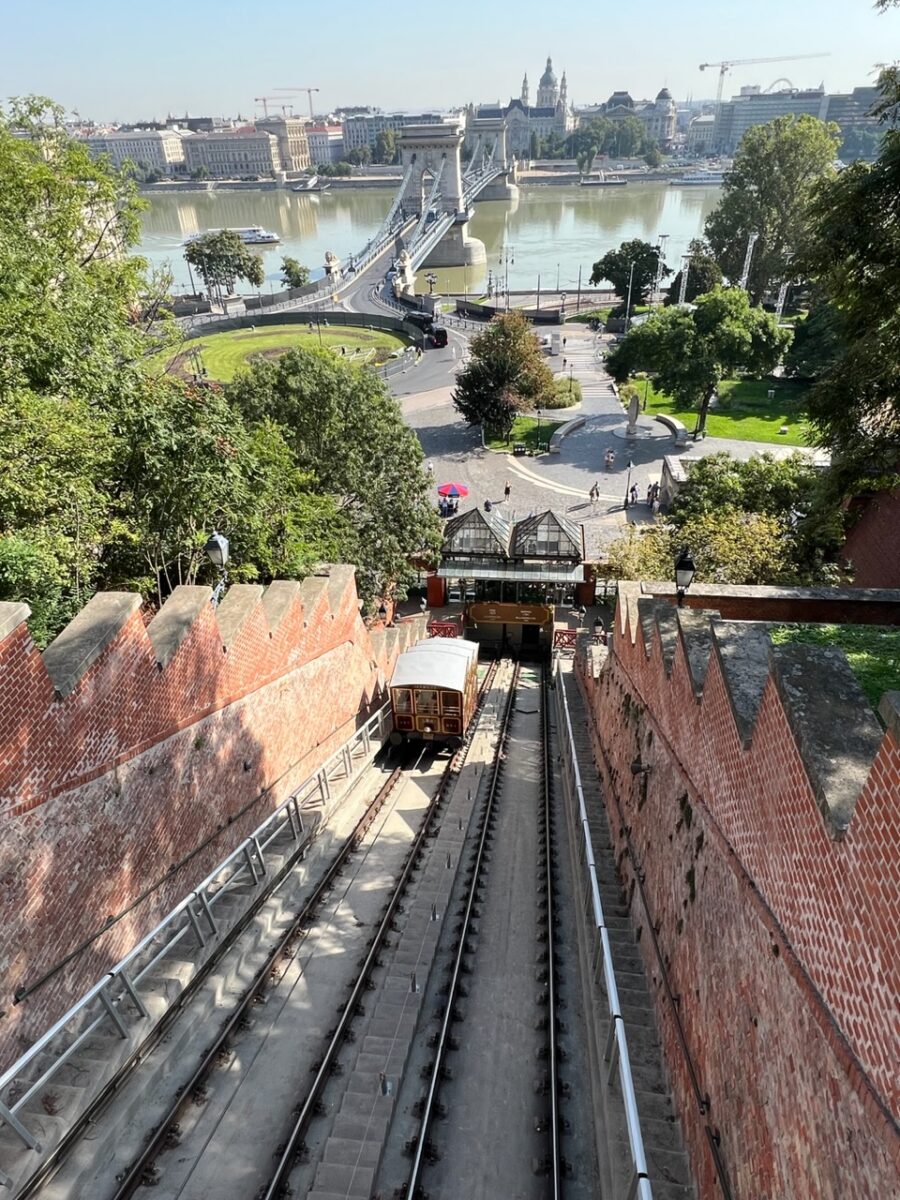 A view of the Chain Bridge connecting Buda and Pest from the Budapest Castle Hill funicular