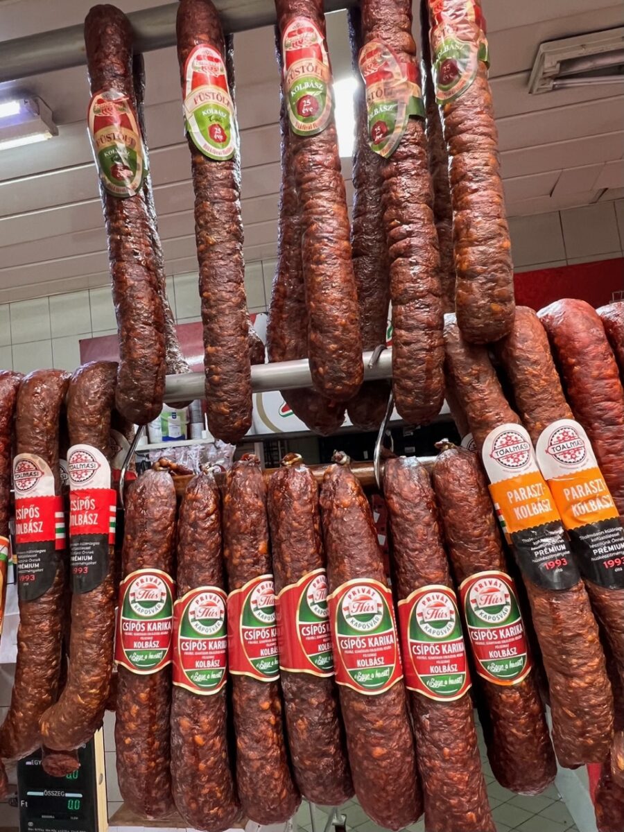 Hungarian sausauge hanging in a stall in Budapest's Great Market Hall