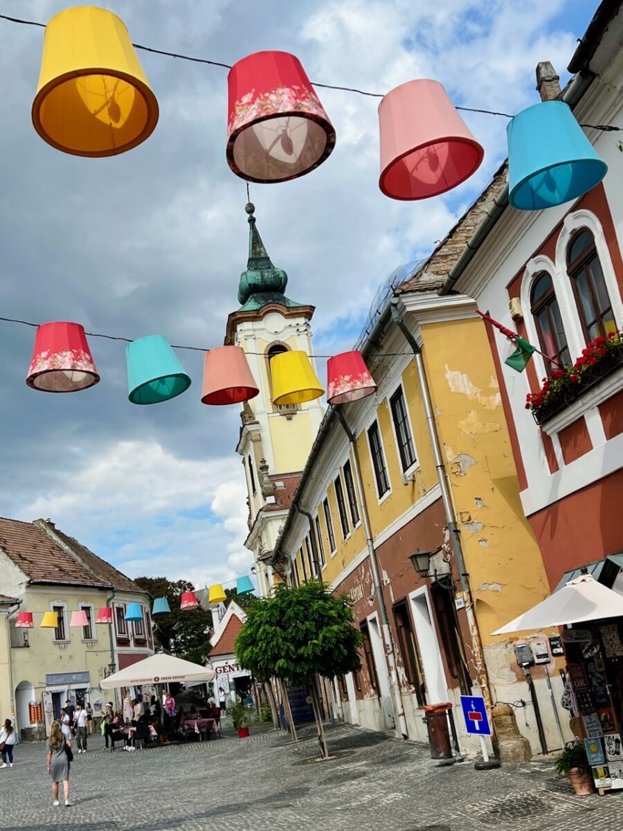 Lamp shades strung across one of the main thoroughfares in Szentendre Hungary