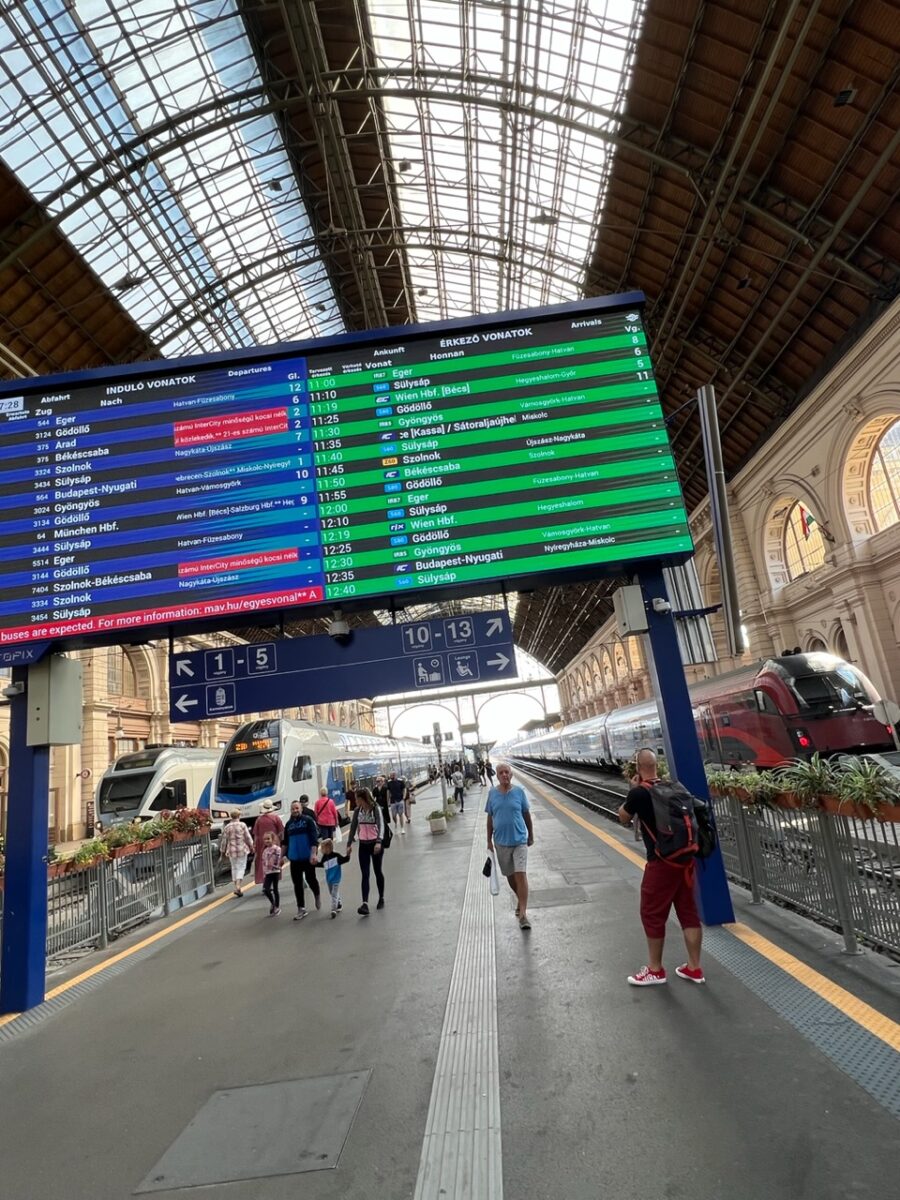 The arrivals and departures board inside Budapest Keleti train station