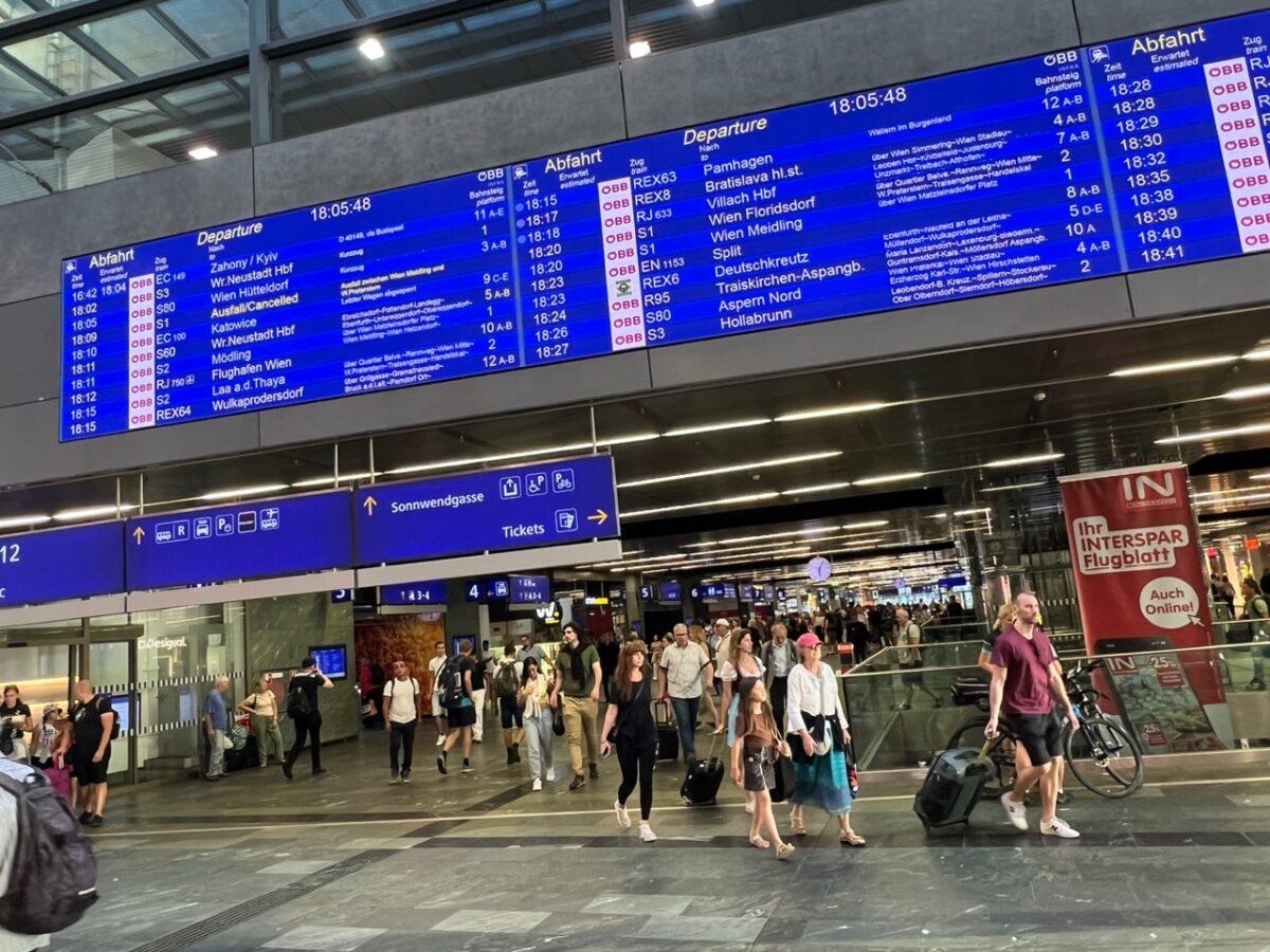 The arrival and departure board at Vienna's central train station
