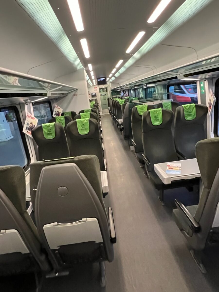 The interior of a economy car on one of Austria's Railjet trains