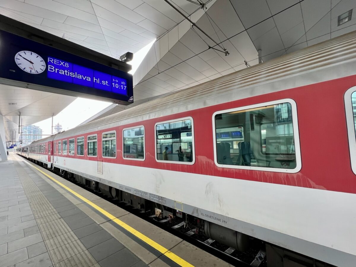 The train from Vienna to Bratislava at the Vienna Central Train Station