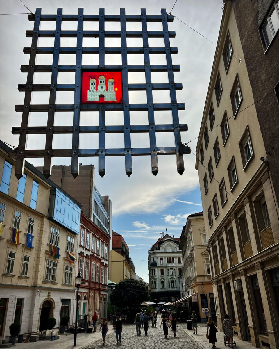 The hanging gate commemorating Laurinc Gate - one of the original gates allowing entry into Old Town Bratislava Slovakia