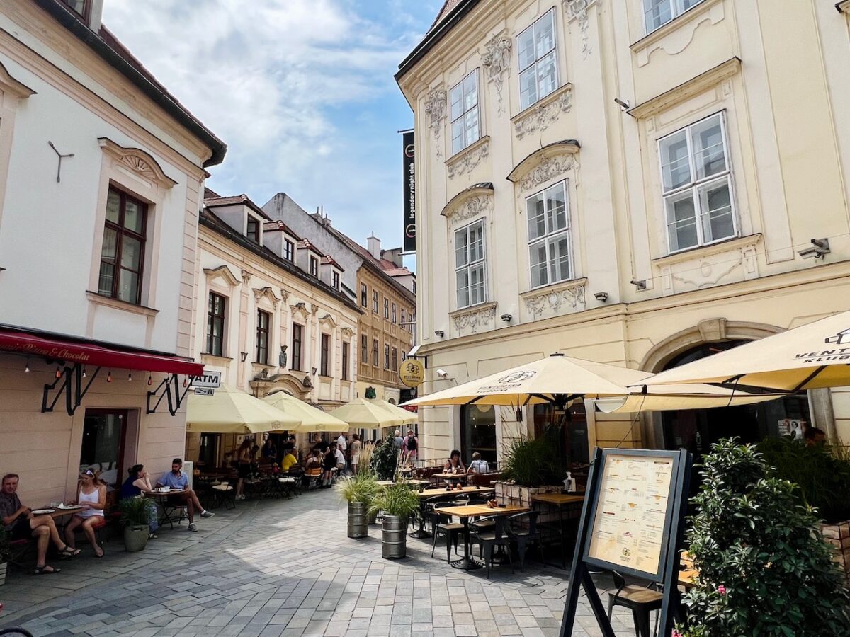 The narrow streets lined with restaurants and cafes in Old Town Bratislava Slovakia