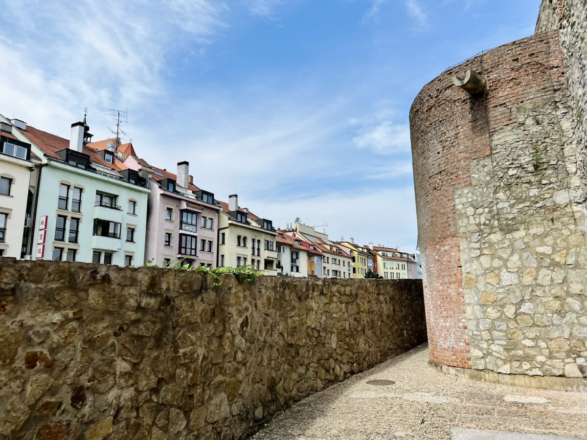 The old town walls of Bratislava Slovakia with a view across to houses on castle hill