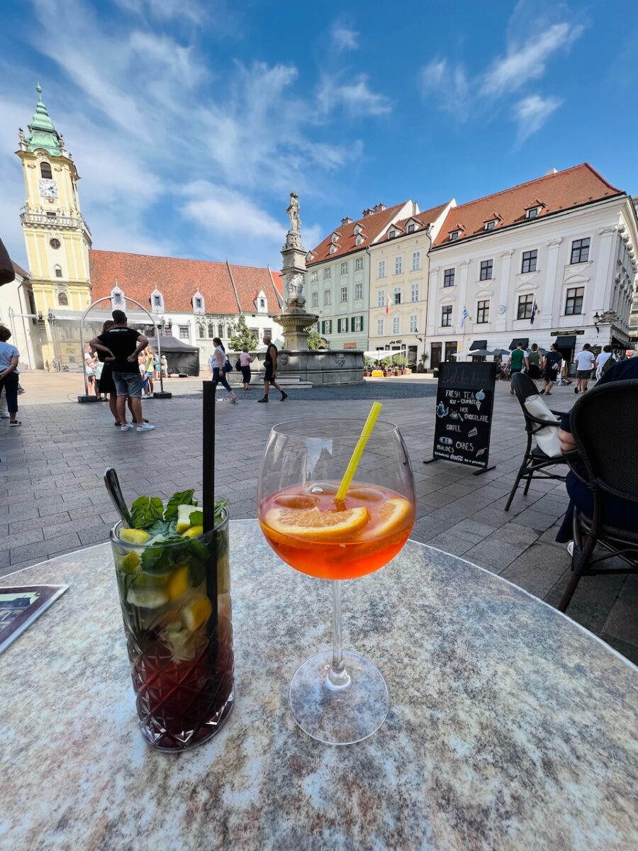 Enjoying drinks with a view of Bratislava's City Hall across it's main town square