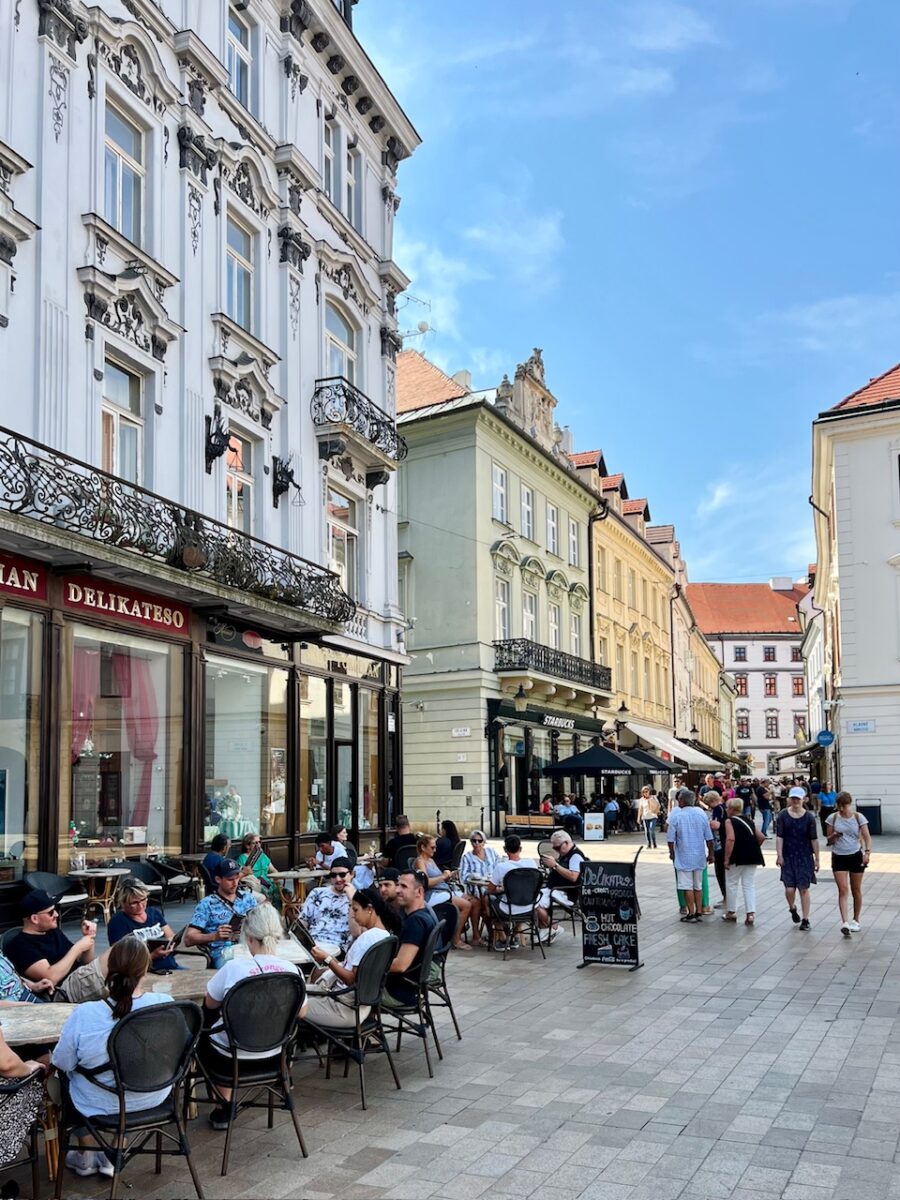 Cafes lining the main square in Old Town Bratislava