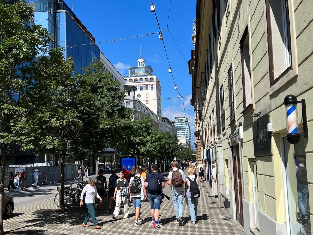 A Ljubljana city streeet that includes The Skyscraper
