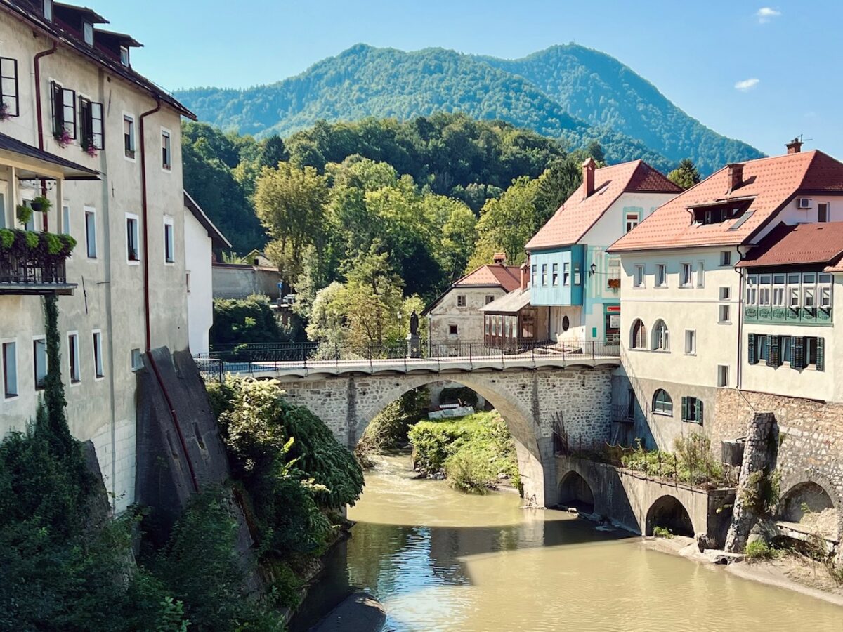 Capuchin Bridge in Skofja Loka Slovenia