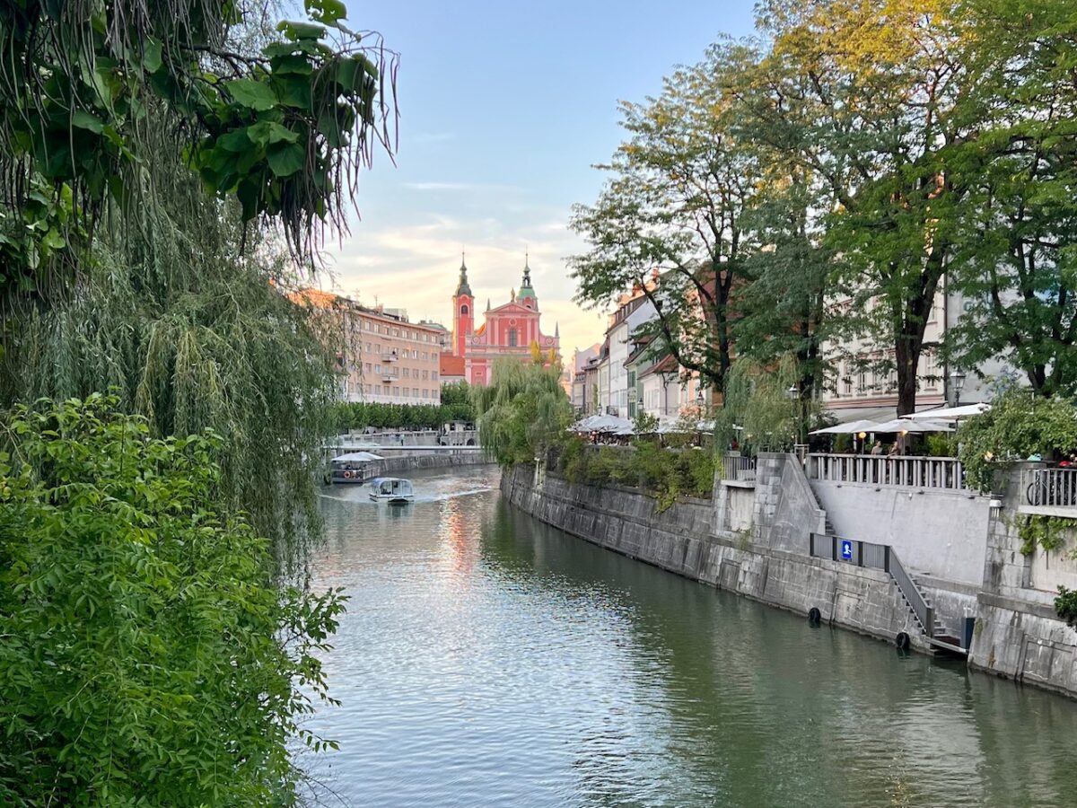 A view down the Ljubljanic River towards Ljubljana's 17th century Franciscan Church