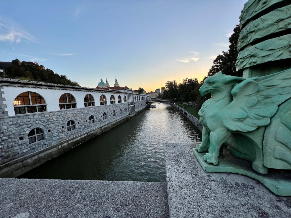 A view of several Ljubljana landmarks from the Dragon Bridge