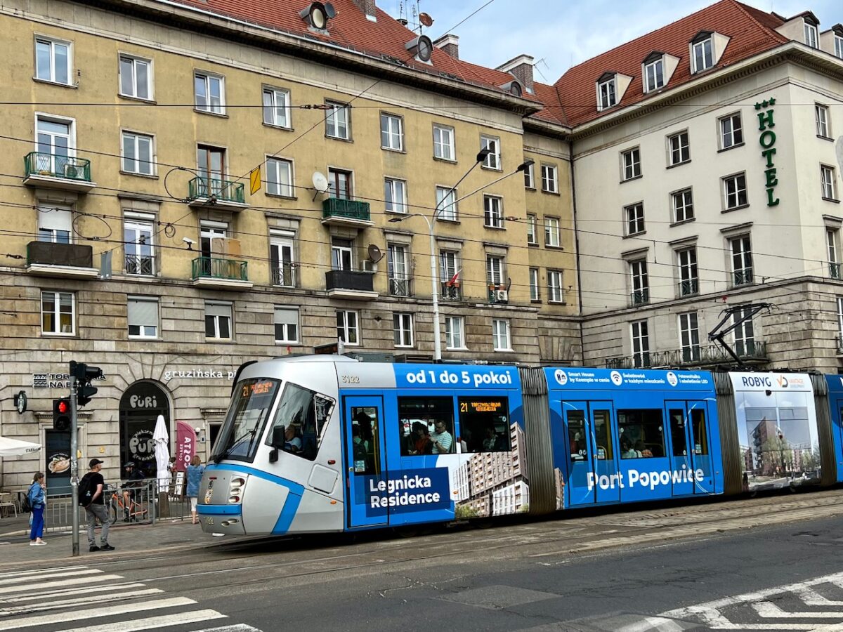 A tram running through the streets of Wroclaw Poland