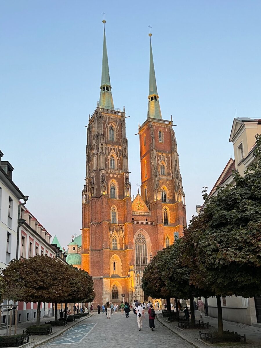 Wroclaw Cathedral lit up at dusk