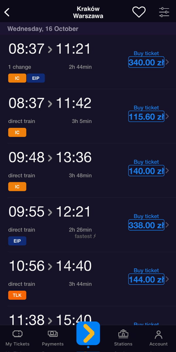 Train schedules between Krakow and Warsaw on the Koleo App