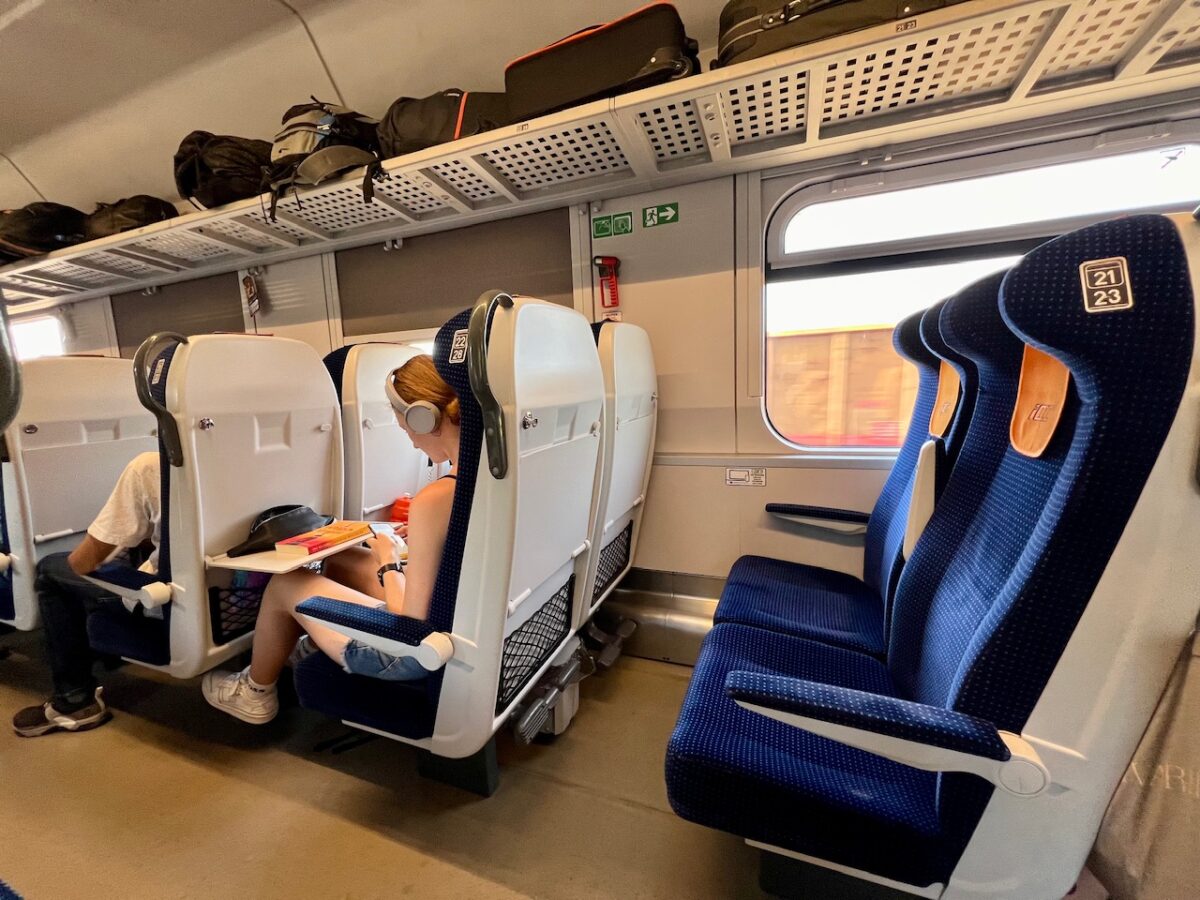 A close up look at the second class seats on a Poland IC train
