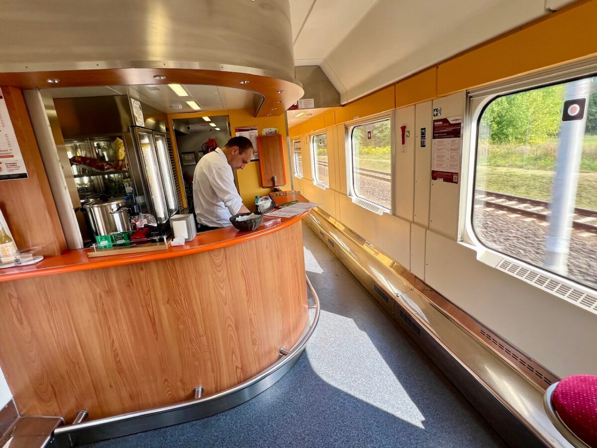 The dining car on an IC train in Poland