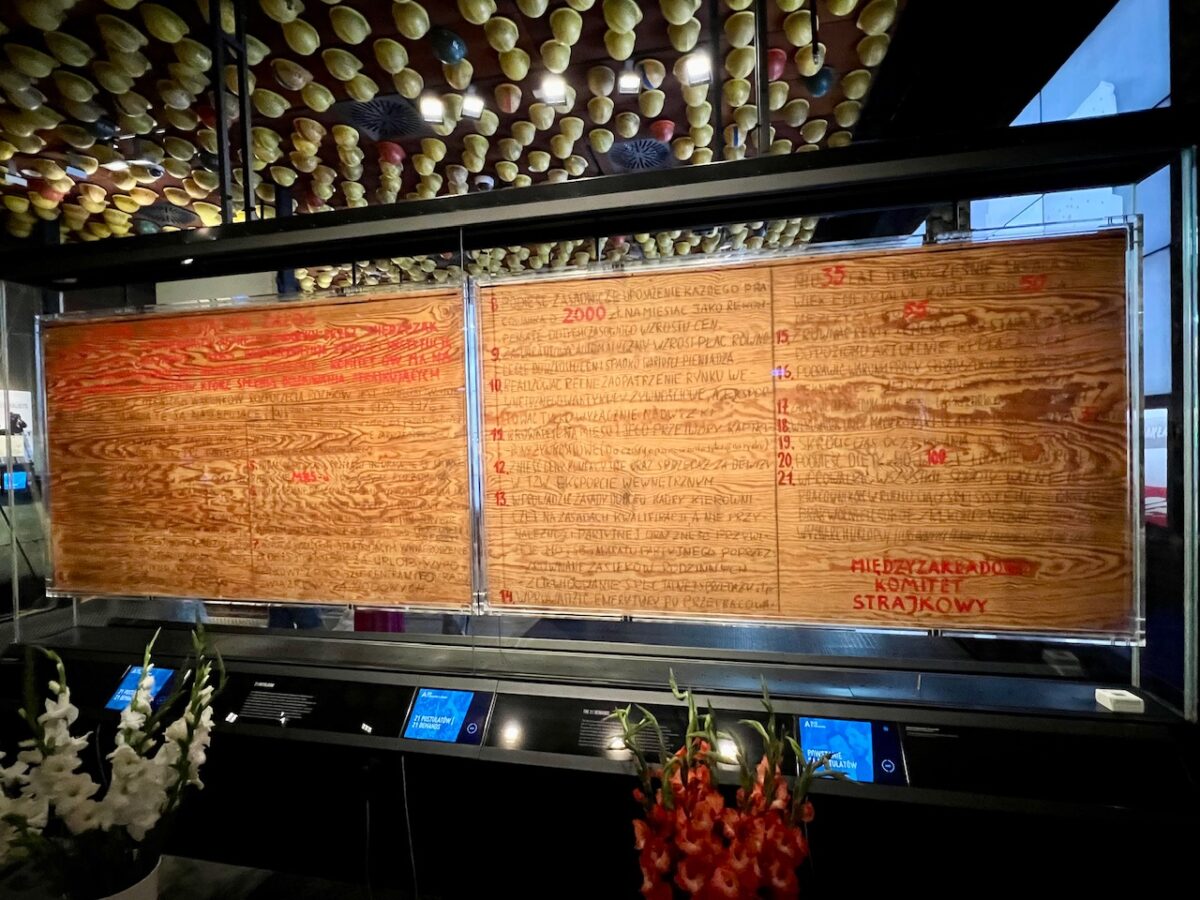 The original boards on which are written Solidarity's 21 Demands on display at the European Solidarity Center in Gdansk Poland