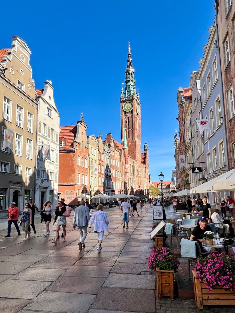 Gdansk's medieval Town Hall tower overlooking Długa Street