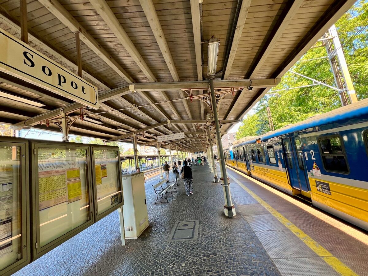 A train at a Sopot train station platform in Sopot Poland