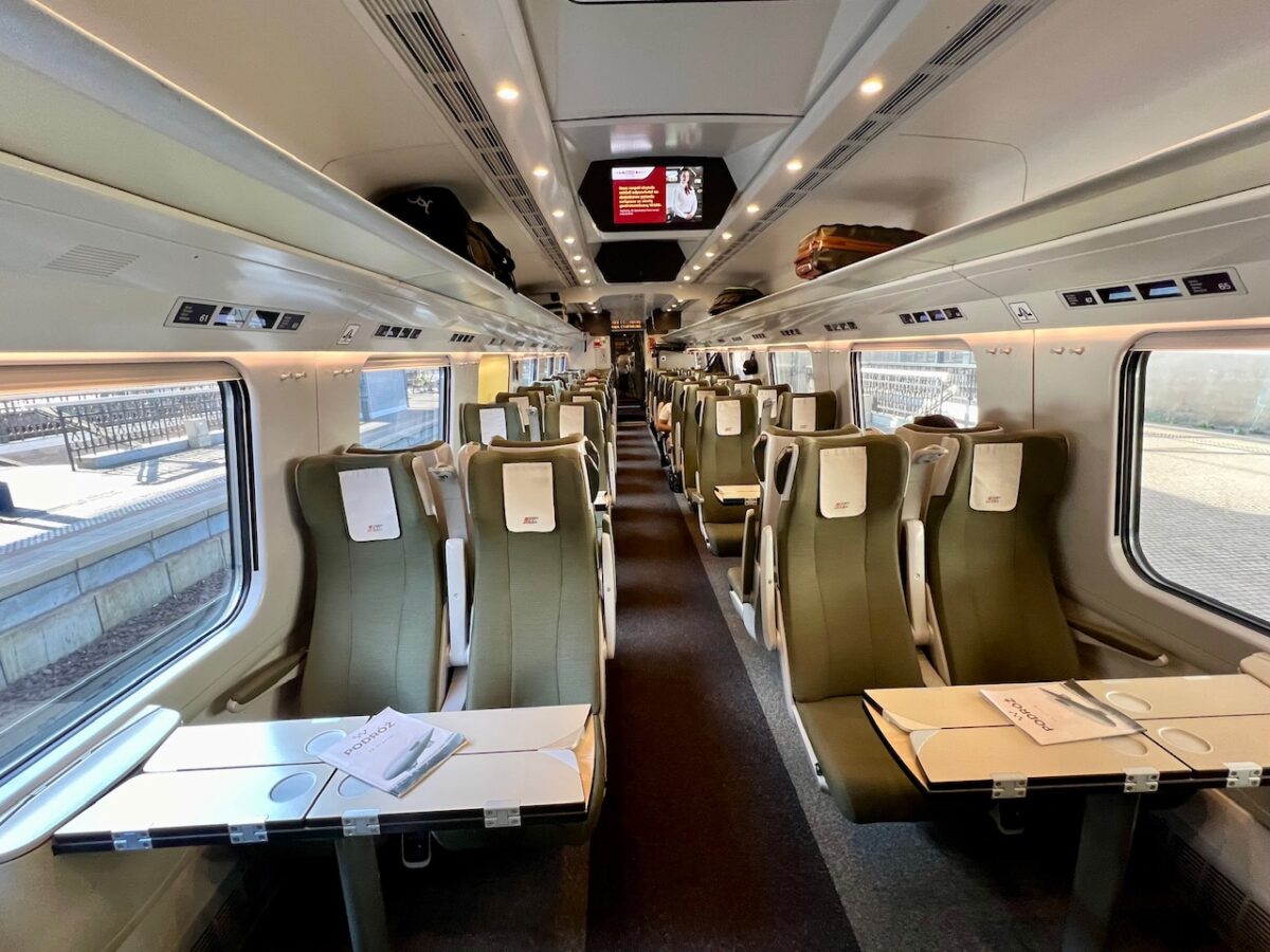 Inside a second class car on a Poland EIP Pendolino high speed train from Krakow and Warsaw