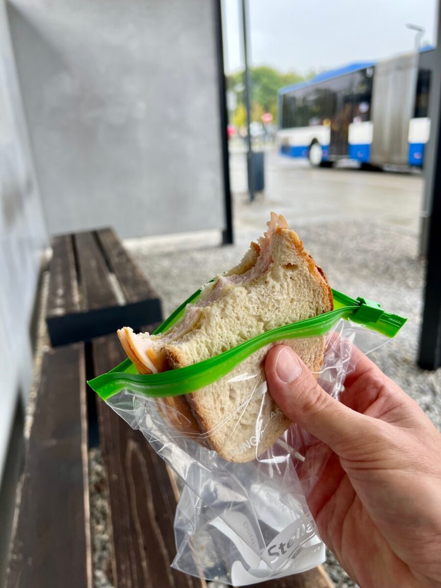 Eating a packed lunch while visiting Auschwitz from Krakow