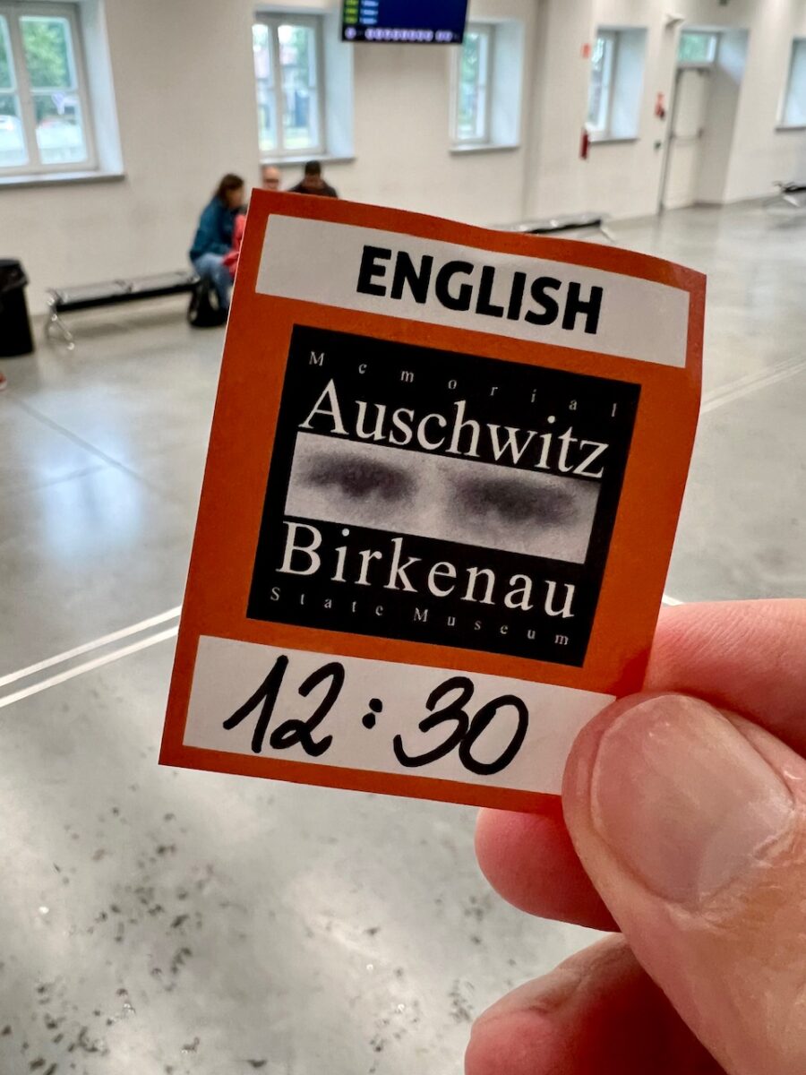 An tour indentification badge prior to starting the tour at the Auschwitz-Birkenau museum