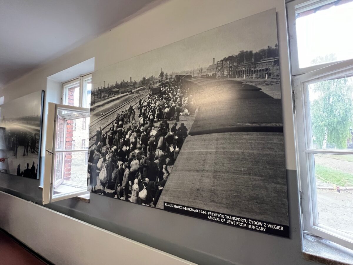 A photograph showing some of the events that occurred at the Auschwitz-Birkenau hanging from one of the Auschwitz buildings