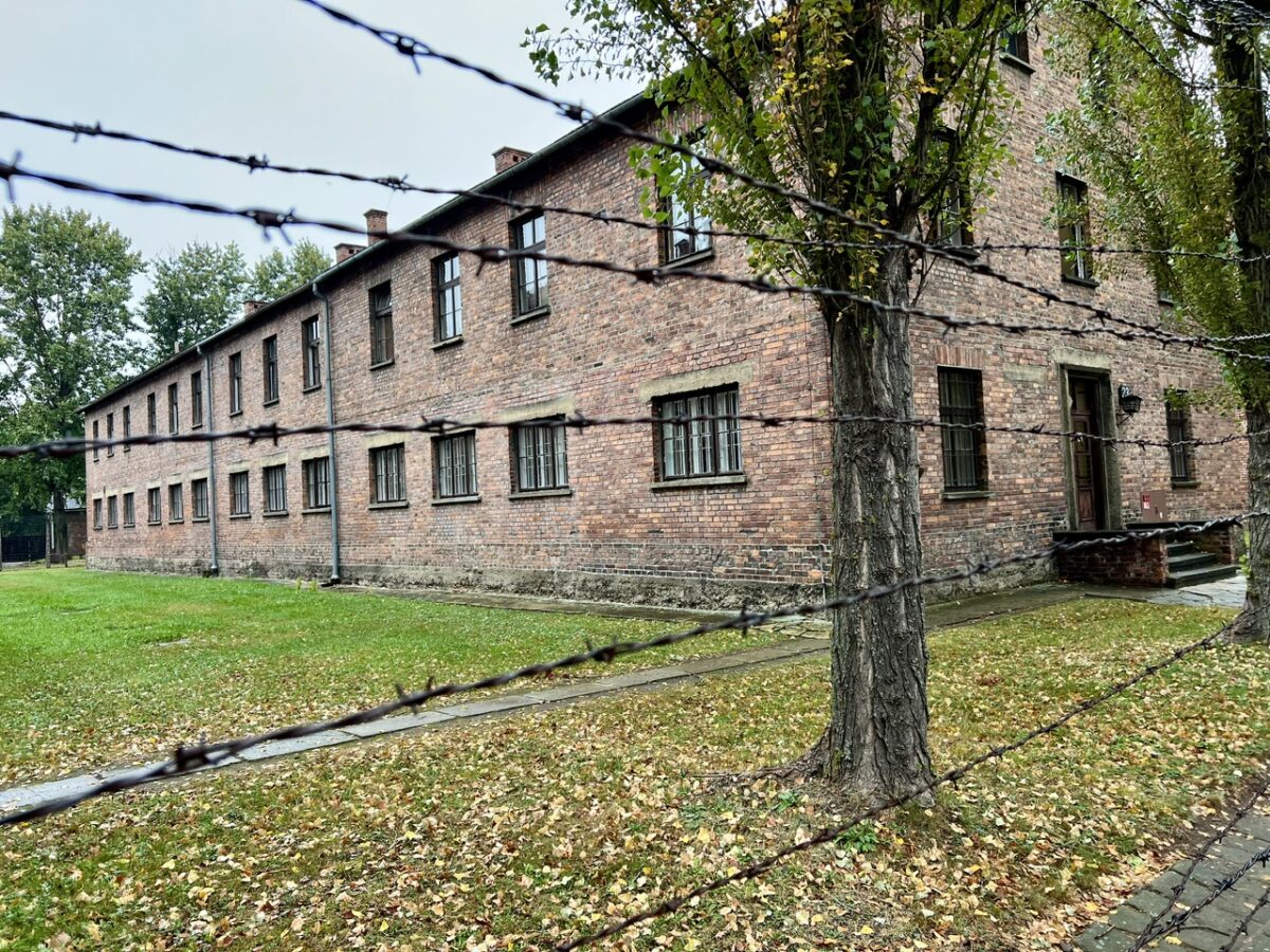 Barbed wire fencing outside one of the barrack buildings at Auschwitz