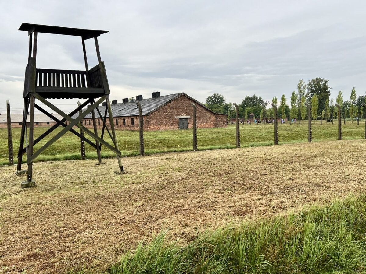 A guard tower and barracks at the Birkenau Concentration Camp